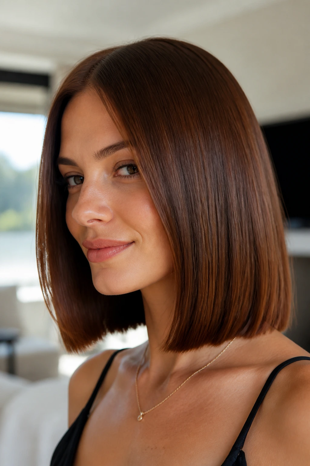 Close-up of a real woman with a chestnut blunt lob and glassy finish in soft window light.