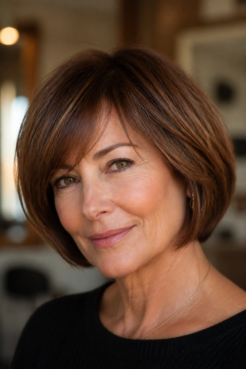 Close-up of a woman with chestnut bob and side-swept fringe
