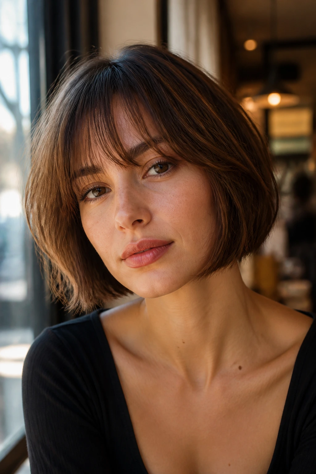 Close-up of a woman with a chestnut jaw-length bob and wispy fringe in a warm cafe