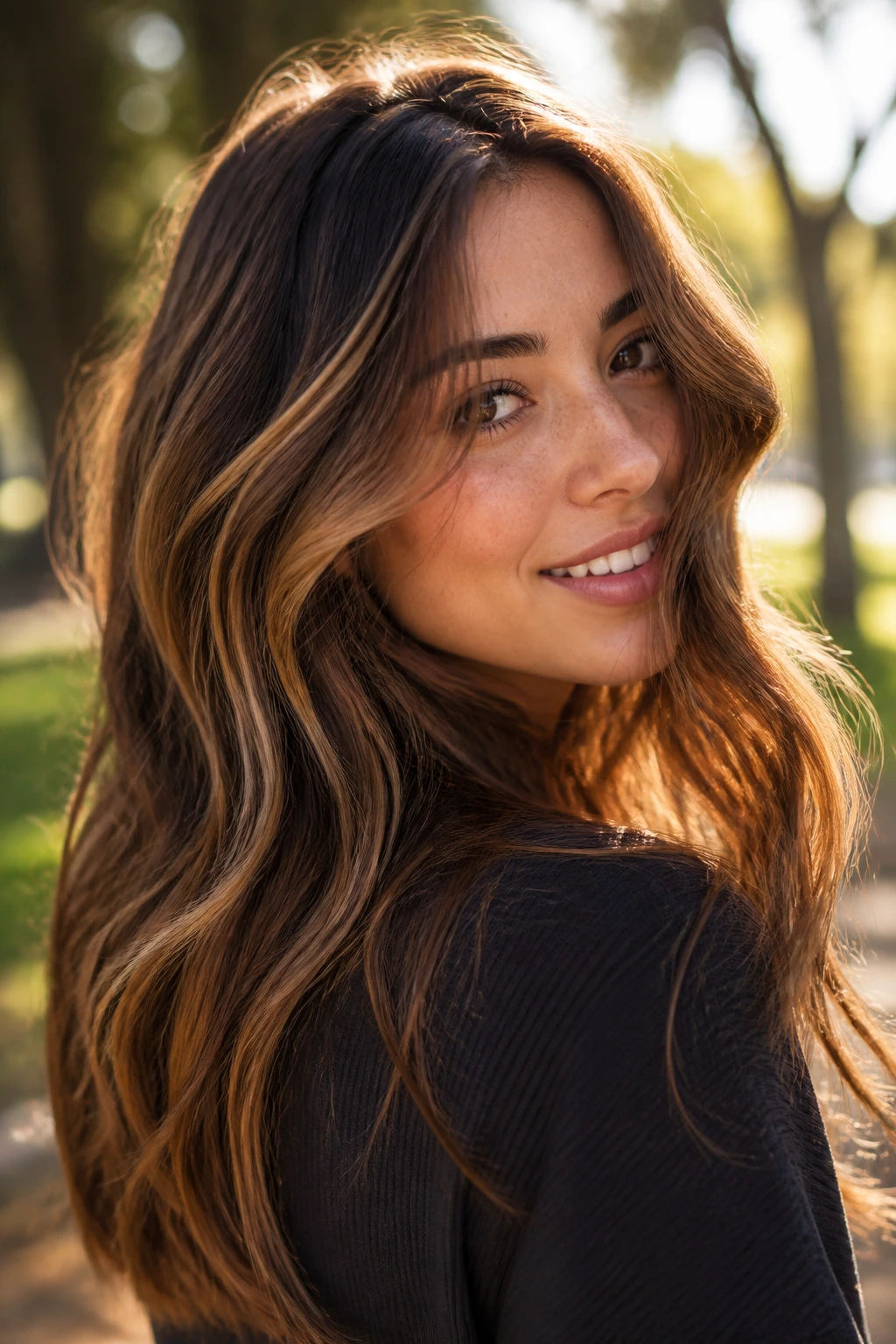 Brunette with chestnut bronde sweep and light-catching ribbons outdoors