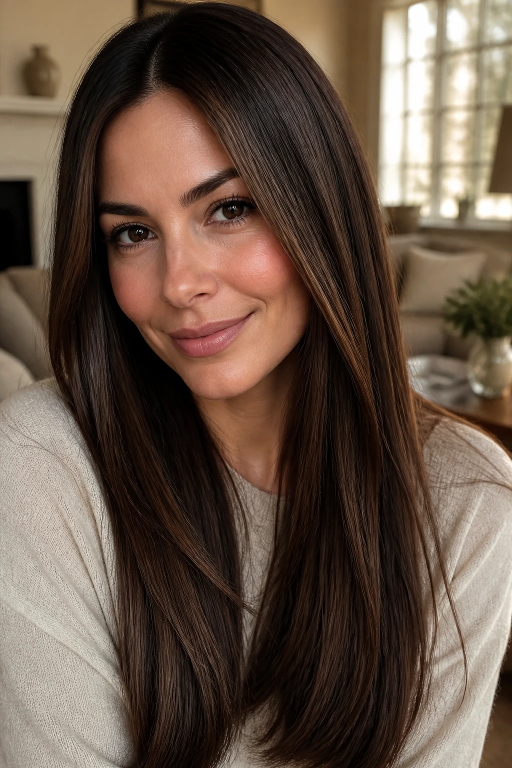 Close-up of chestnut brown hair with espresso ribbons in a polished straight style
