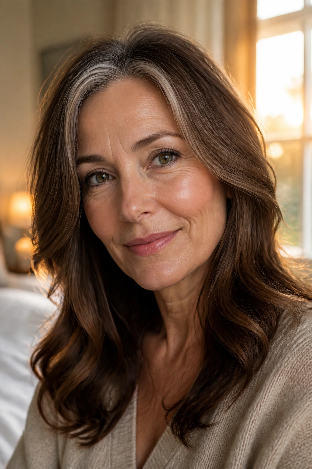Close-up portrait of a real woman with chestnut brown hair and subtle gloss, silver strands at temples.