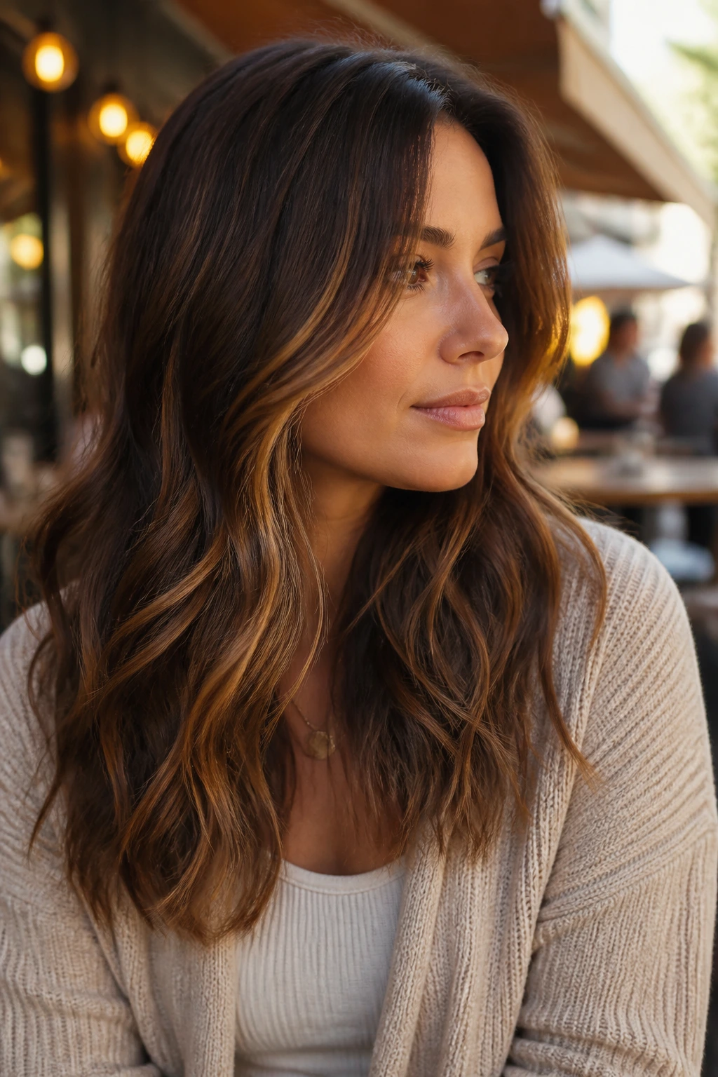 Close-up portrait of a woman with chestnut brunette hair and amber threads.