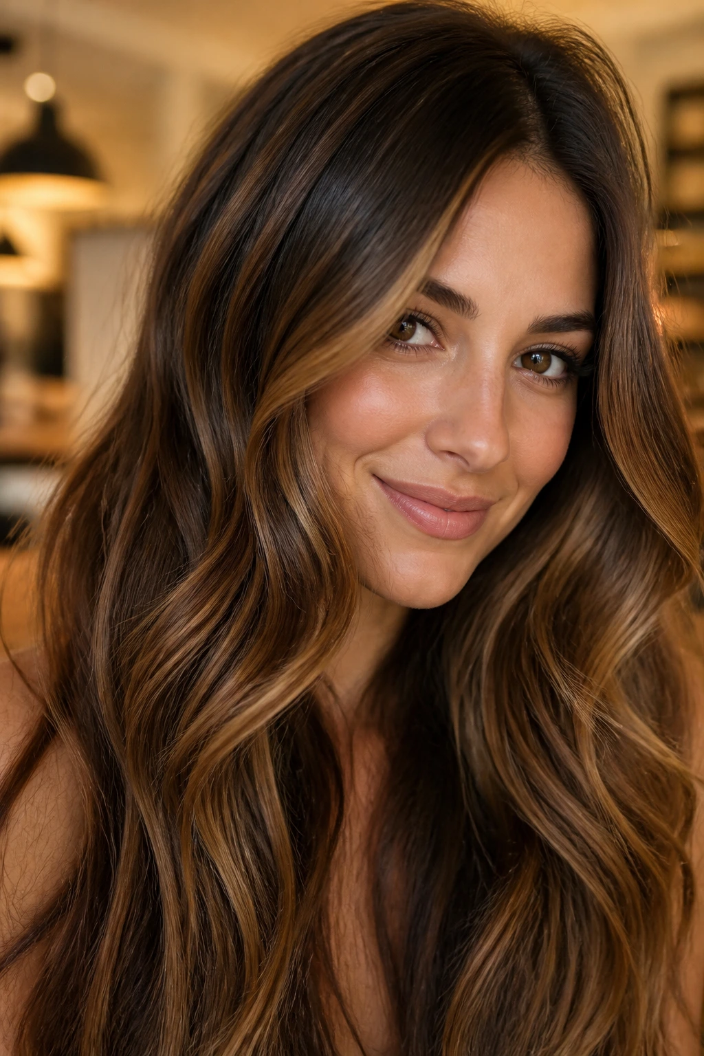 Close-up of a real woman with chestnut brunette hair and honey ribbon highlights