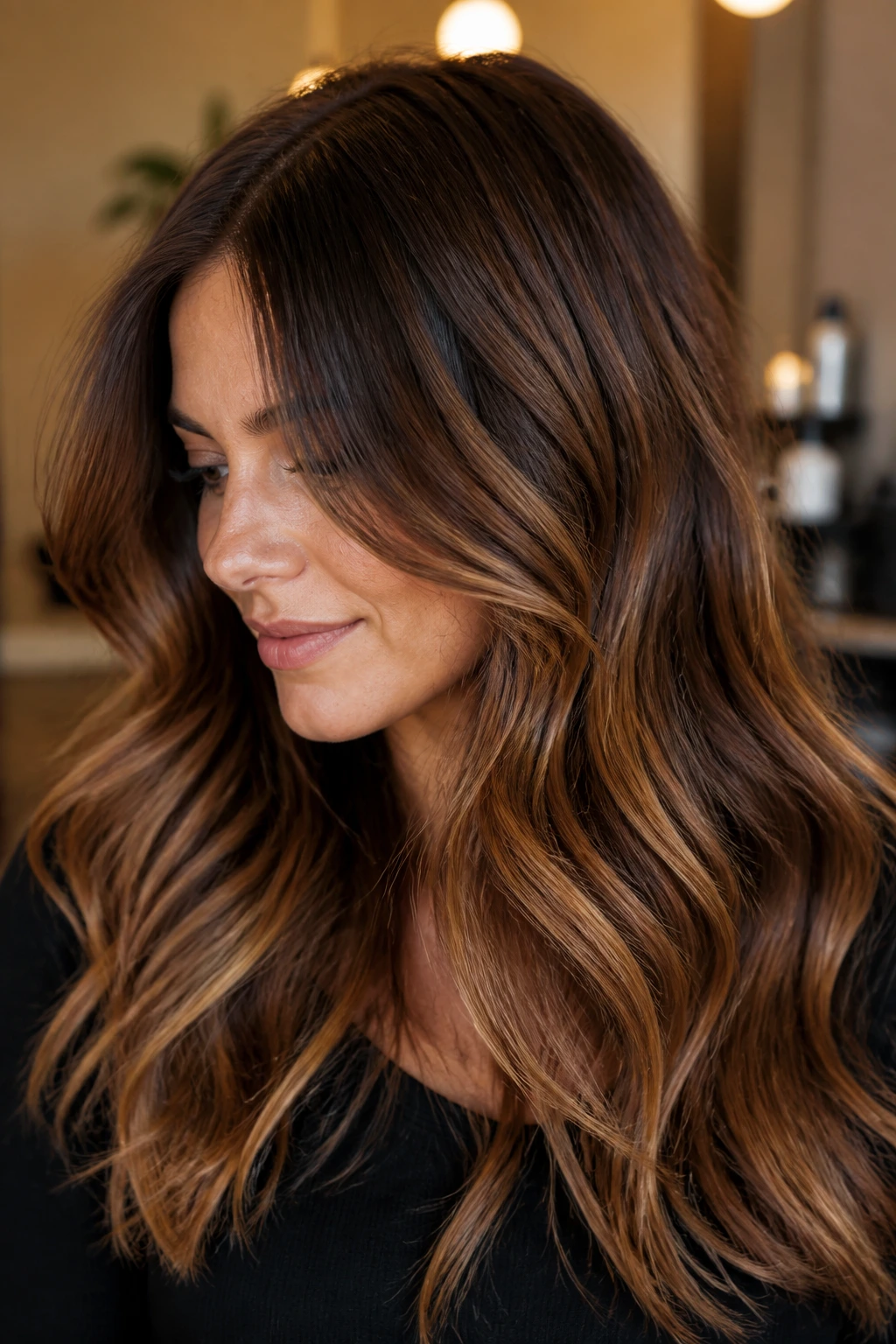 Close-up of a real woman with chestnut base and caramel melt in warm indoor light