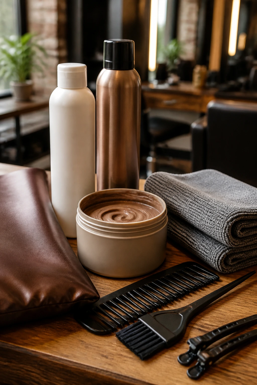 Close-up of unlabeled chestnut color maintenance tools on a warm salon counter