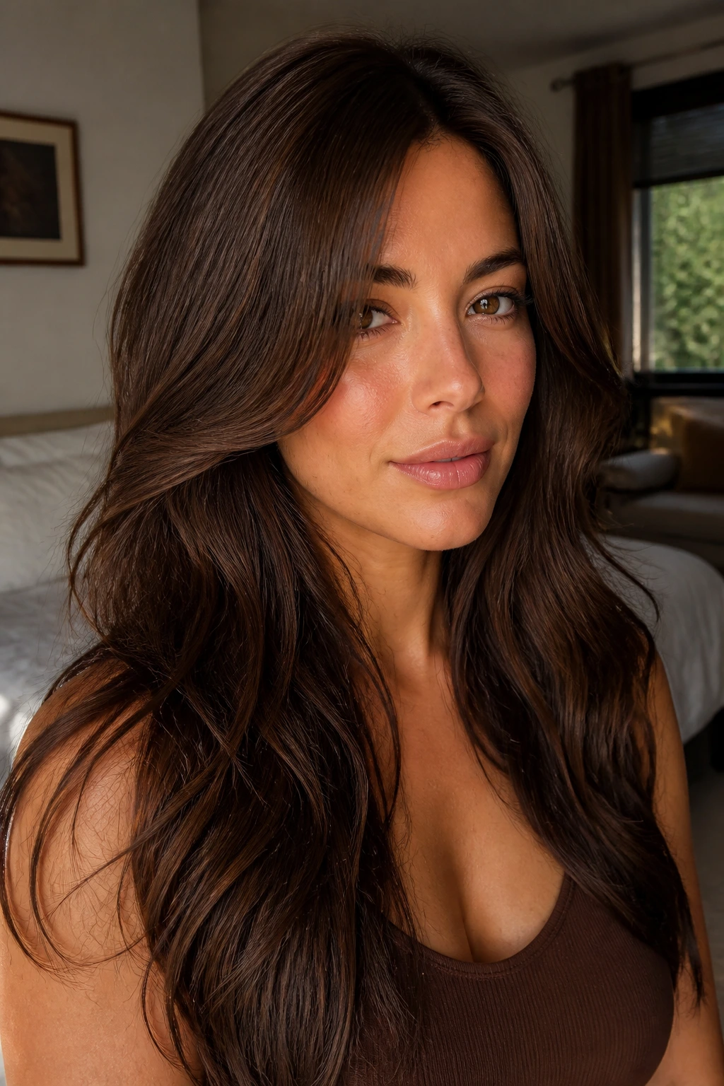 Close-up portrait of a real woman with chestnut chocolate hair shine in satin finish under warm window light.