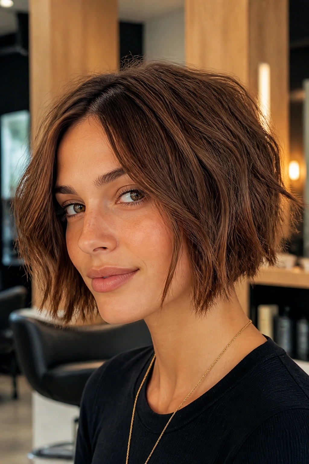 Close-up of chestnut choppy bob with razor-skipped ends on a real person