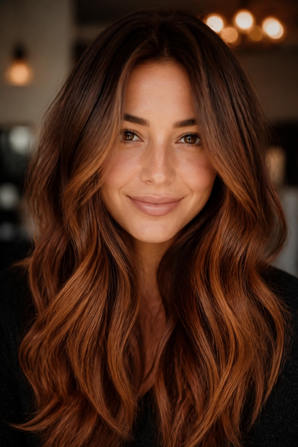 Close-up of a real woman with chestnut cinnamon melt hair showing warm brunette tones