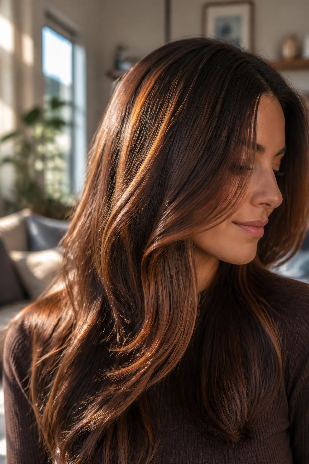 Close-up of chestnut hair with cinnamon ribbon highlights woven through mids