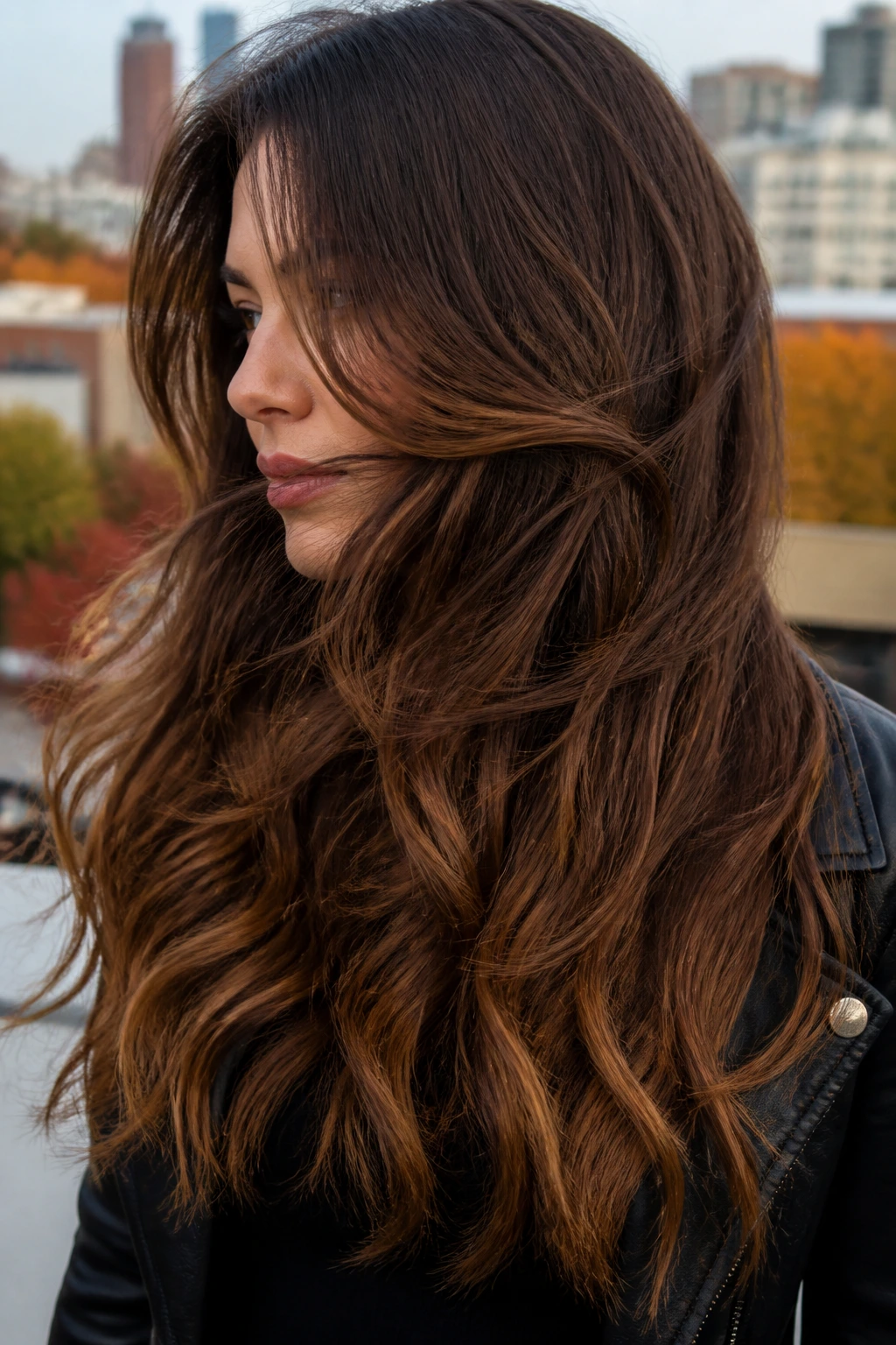 Close-up of Chestnut Cocoa Dimension hair with chestnut root and cocoa mids