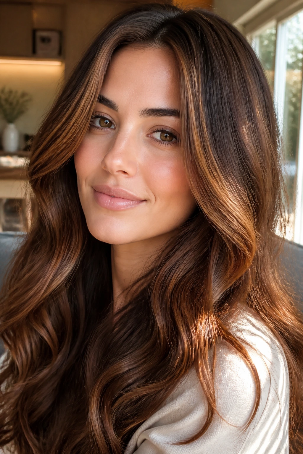 Close-up of chestnut copper glaze hair with warm light