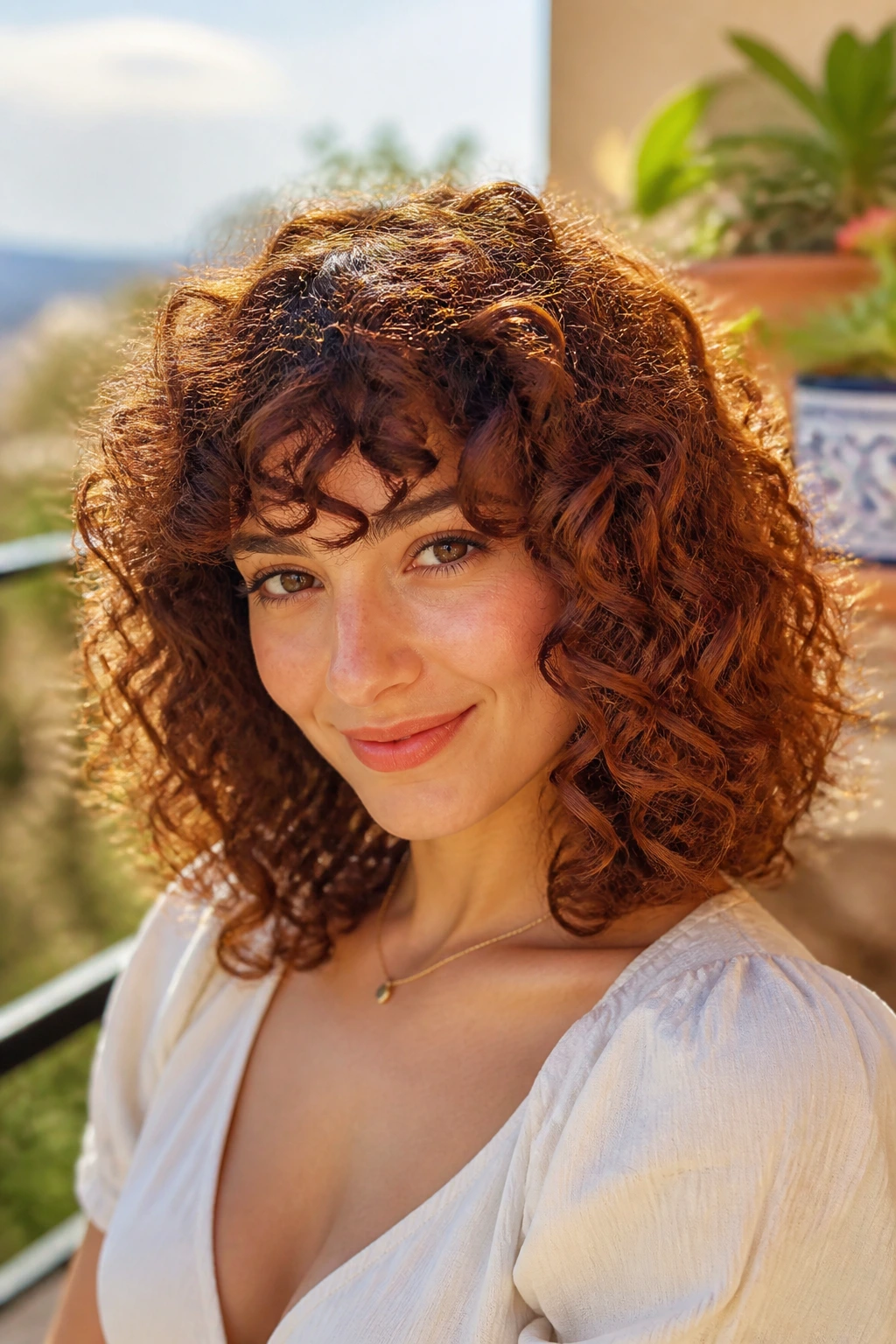 Portrait of Chestnut Copper Curls with copper highlights on curly hair