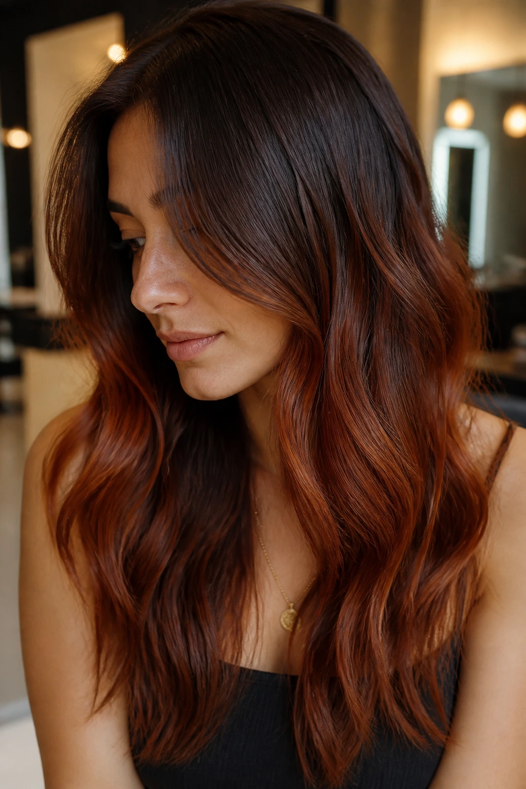 Chestnut to copper glaze ombre on real person