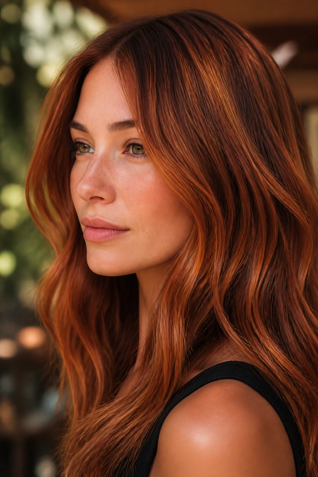 Copper hair with chestnut lowlights adding burnished depth on a real person