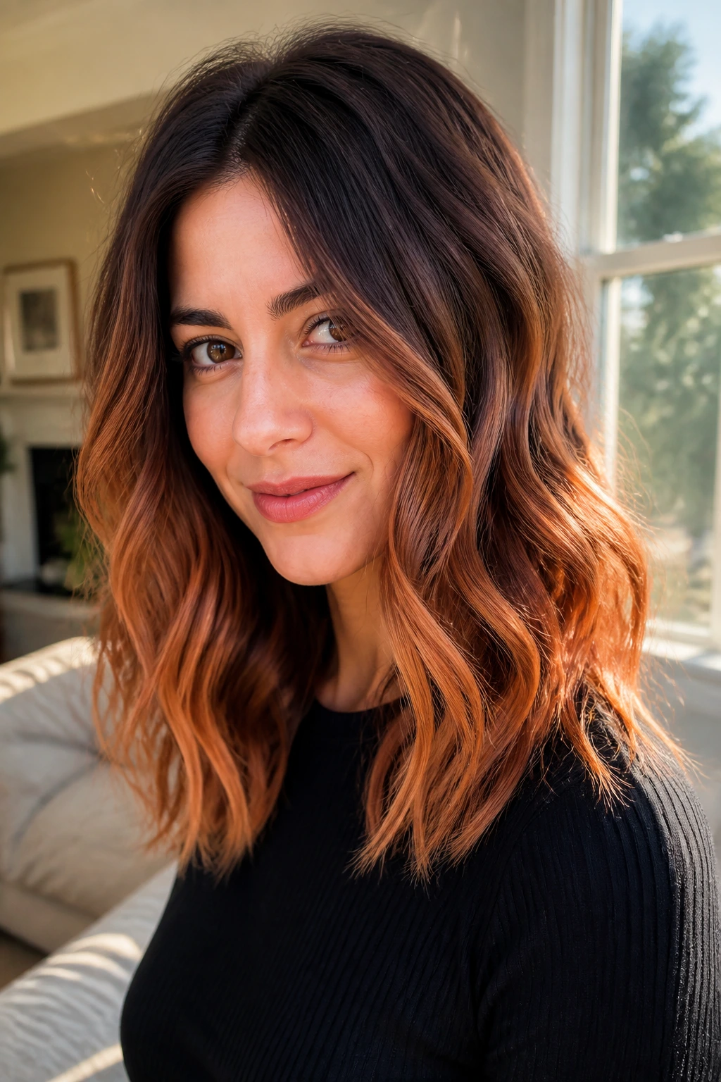Close-up of chestnut to copper ombre on a real woman's wavy hair, warm glow