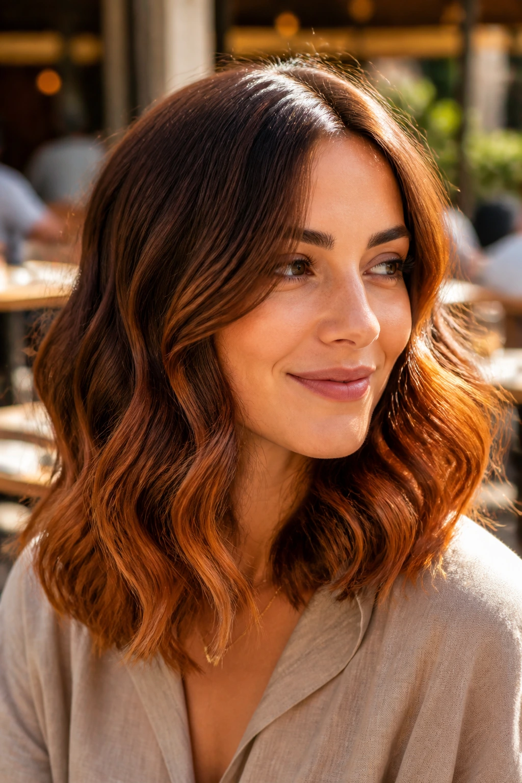 Medium-length hair transitioning from chestnut to copper glow with motion in golden hour light