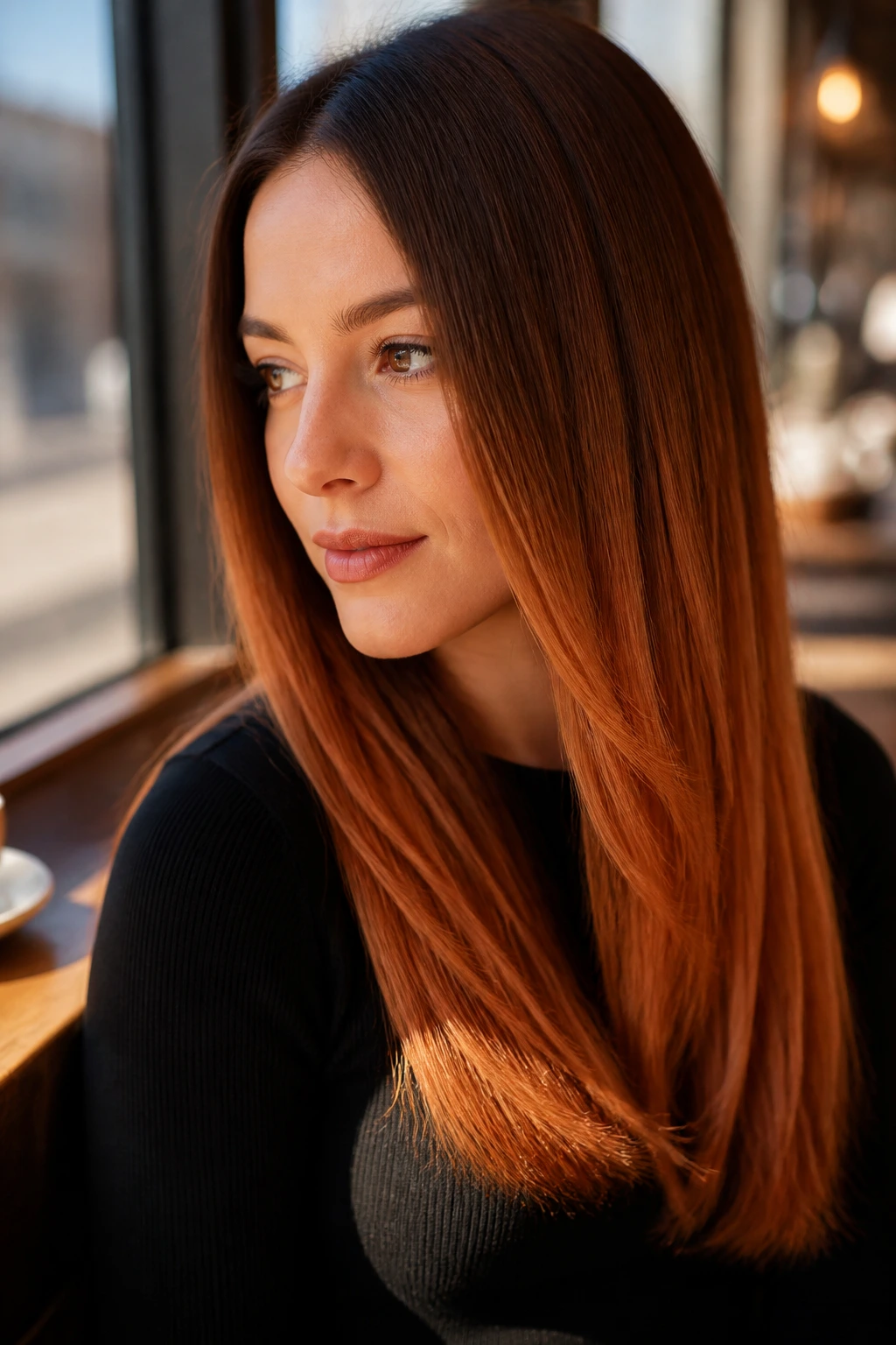 Close-up of straight hair showing chestnut to copper ombre on a real person