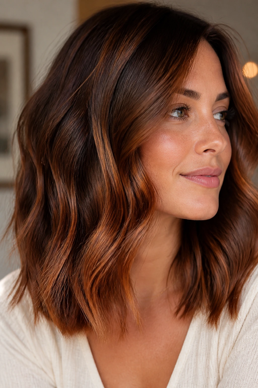 Close-up of chestnut brown hair with copper sheen on a real person
