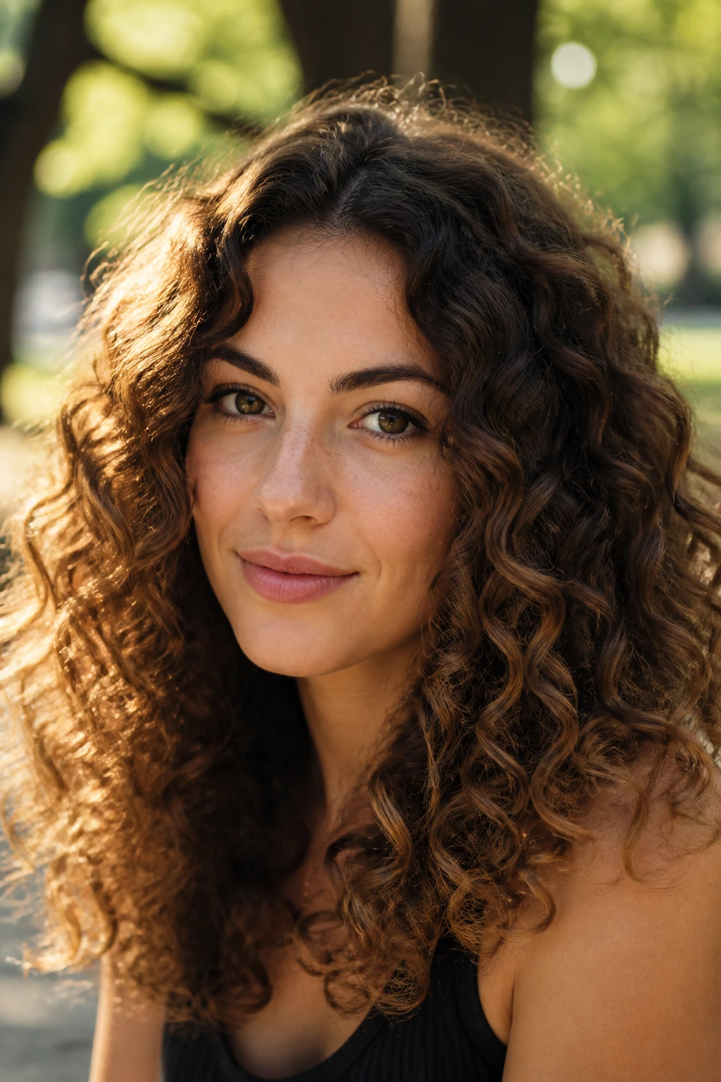 Chestnut curls with honey halo around outer curls in natural light