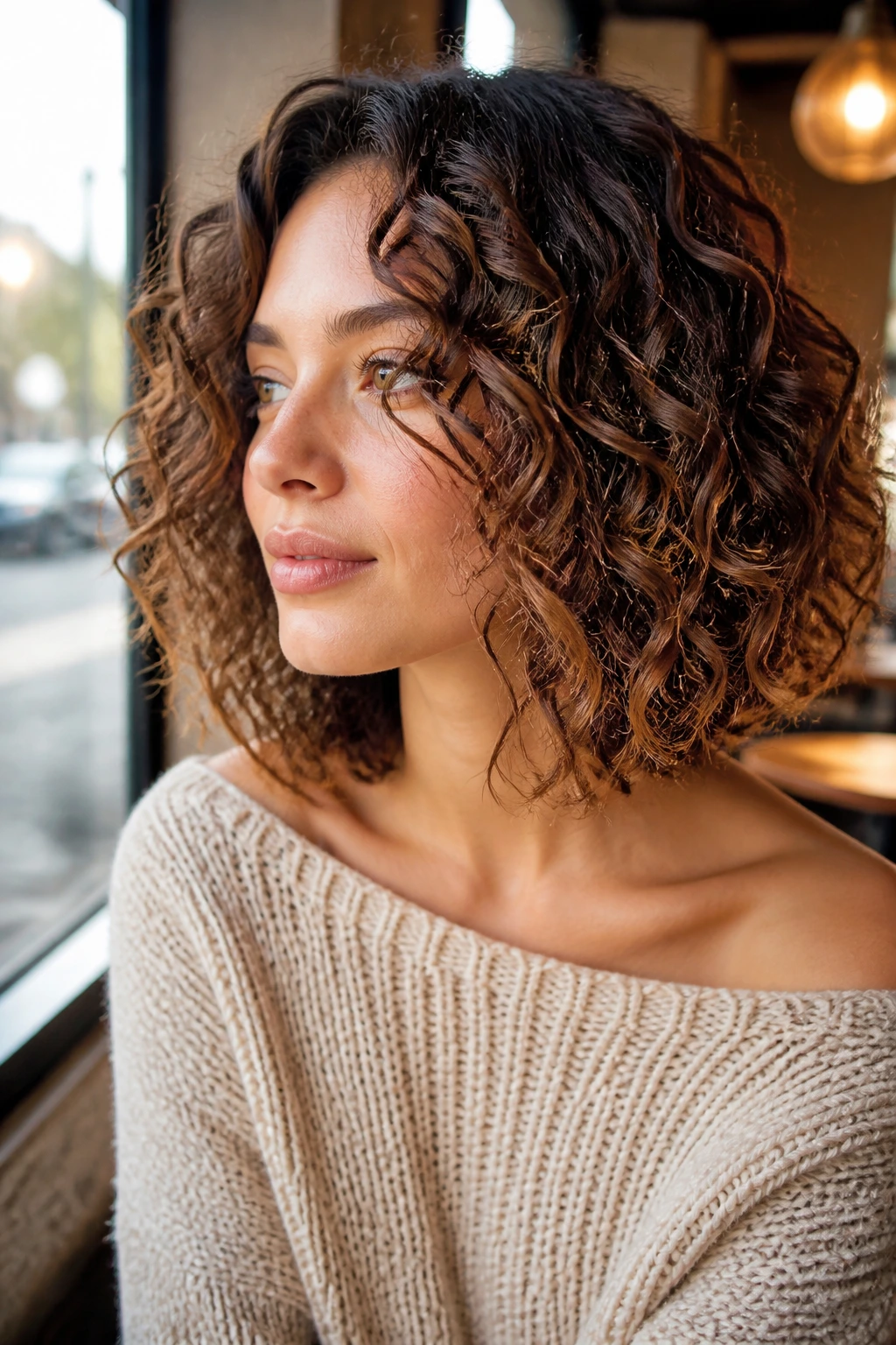 Chestnut curly lob with lighter ends framing the face in a warm light.