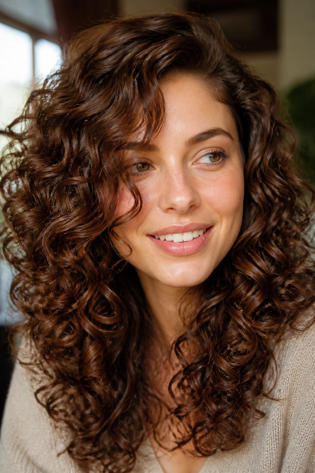 Close-up of a real woman with chestnut curls and a soft side part