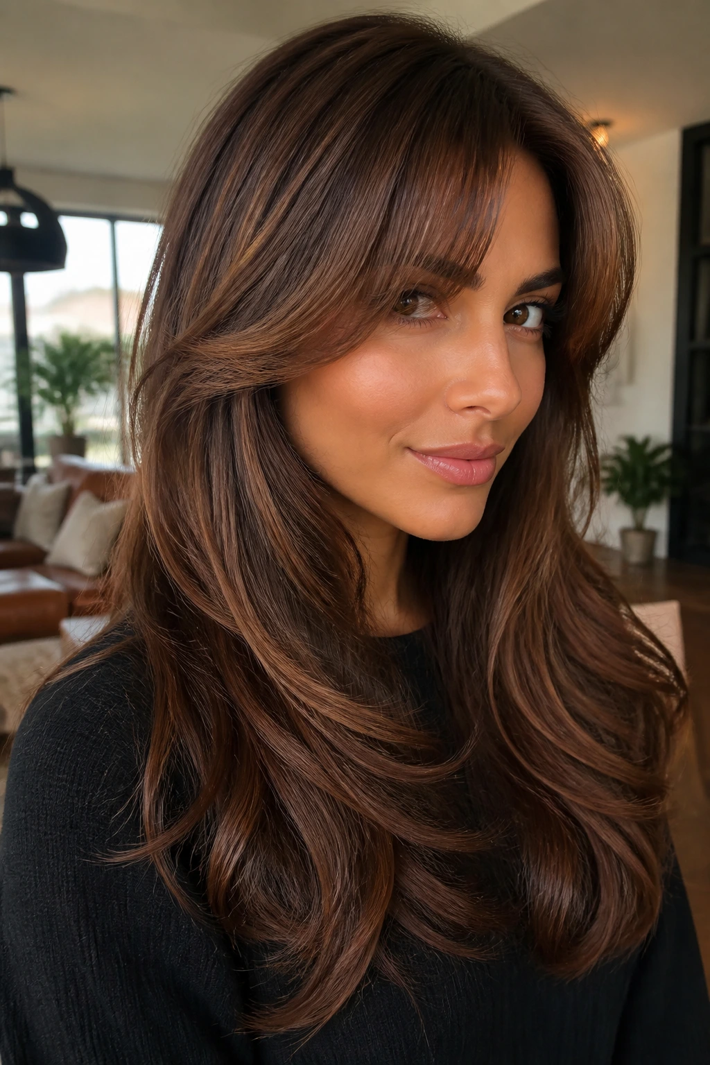 Close-up of chestnut-brown hair with long layers and curtain bangs