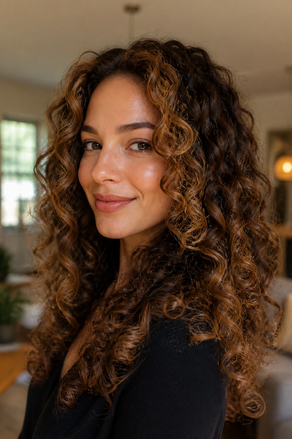 Close-up portrait of a woman with chestnut face-frame curls framing her face in warm window light