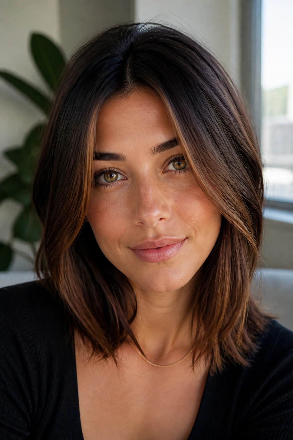 Real person with chestnut face-framing pieces