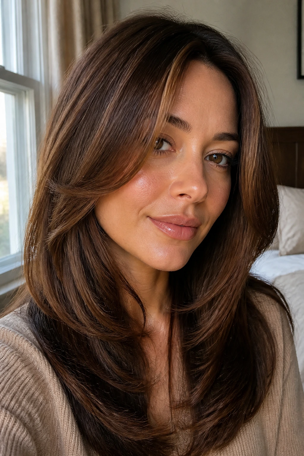 Portrait of a woman with chestnut base and cheekbone-skimming face-framing layers