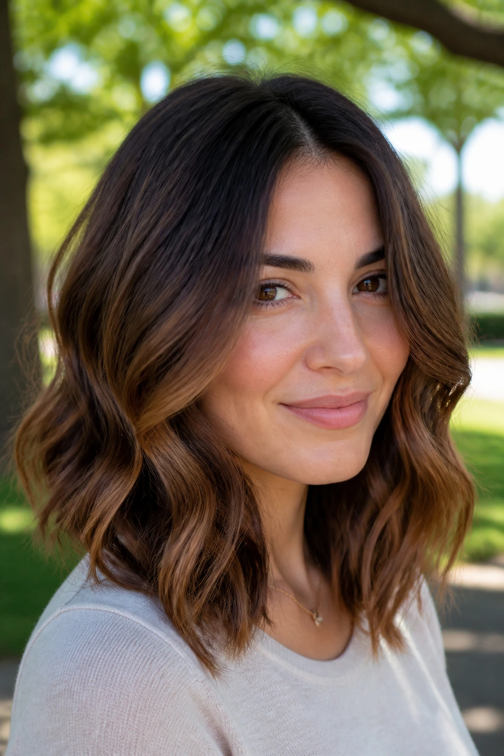 Close-up of chestnut fade balayage on wavy hair in natural outdoor setting