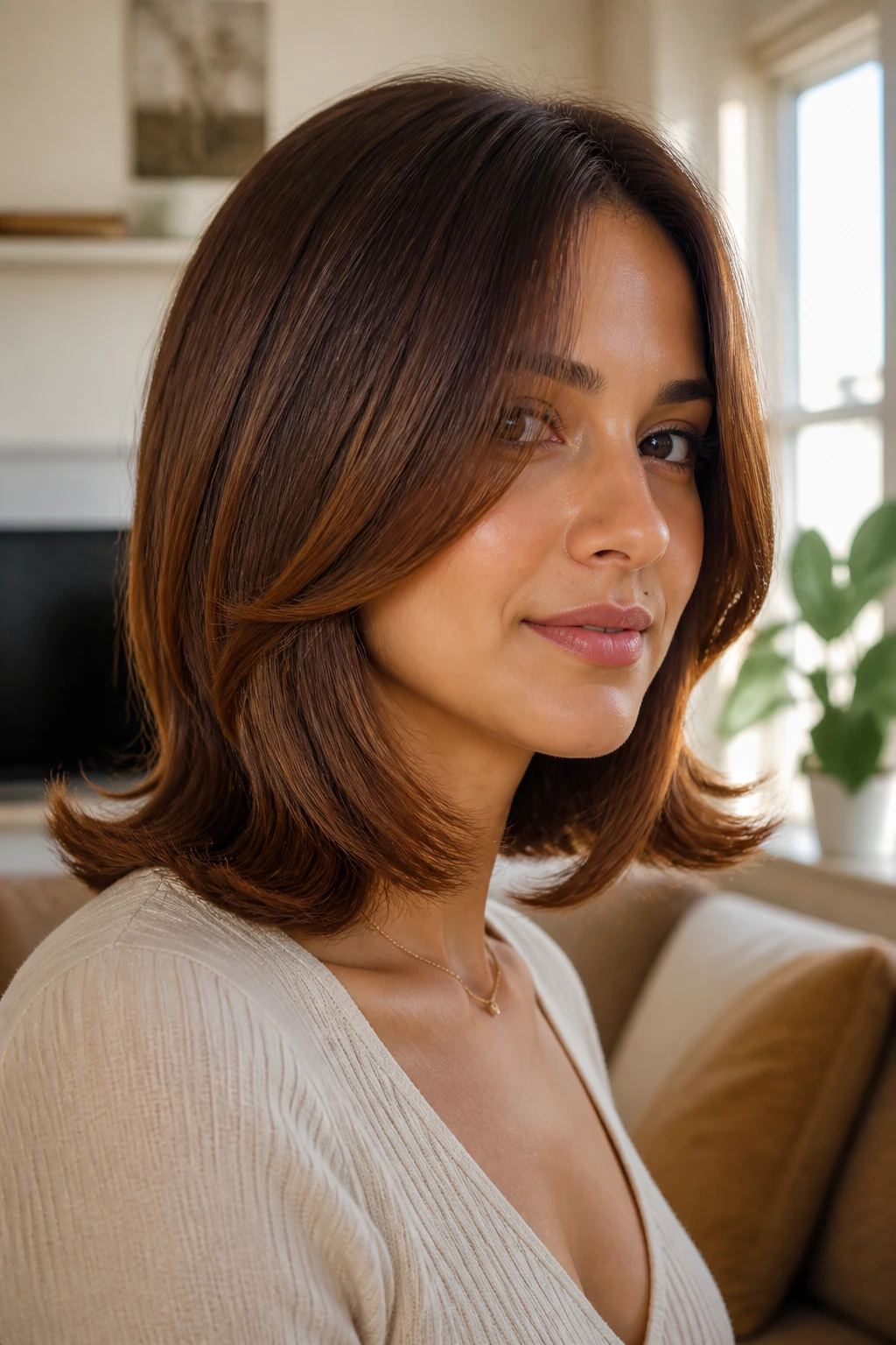 Brunette with chestnut flip cut, ends flipped outward
