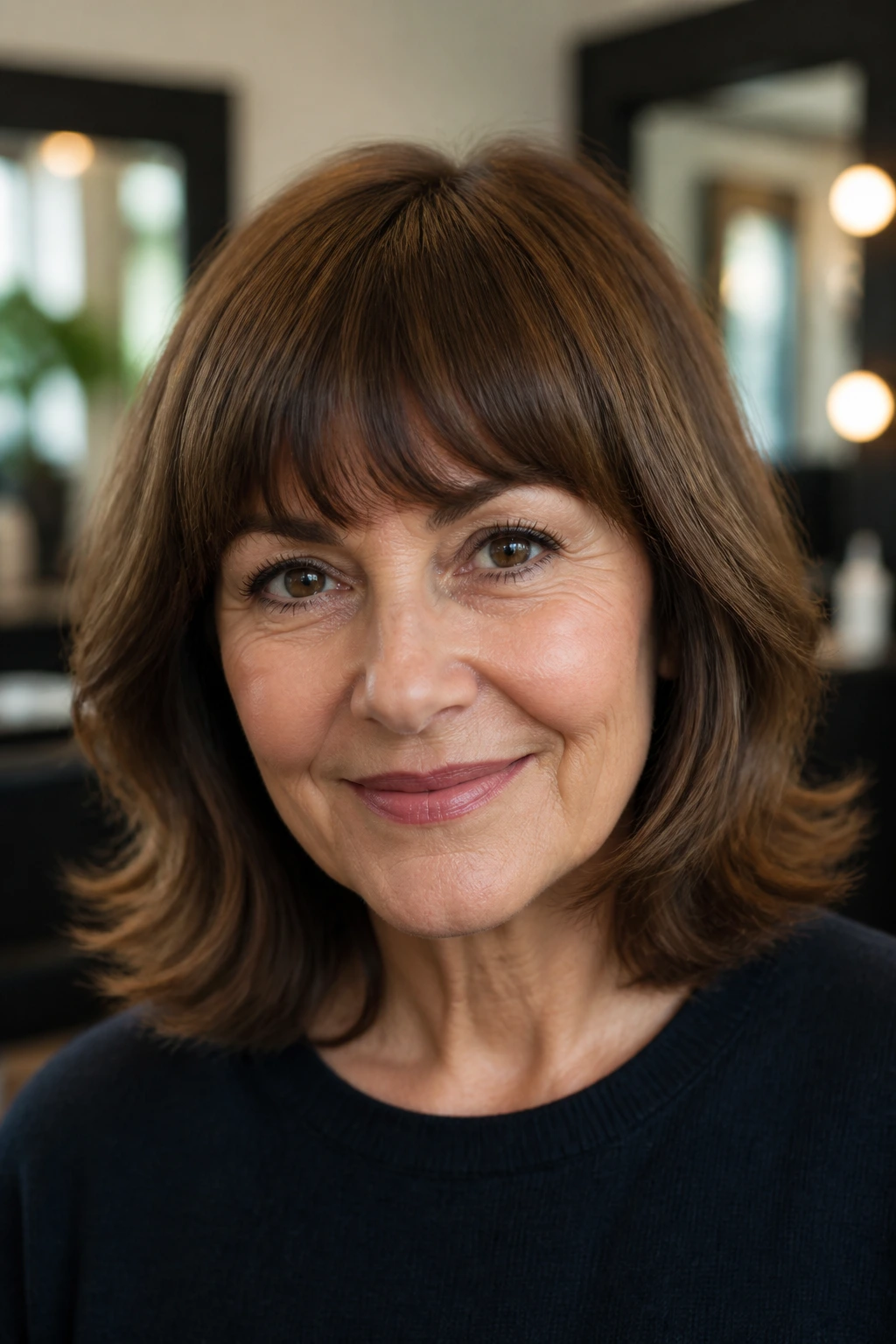 Close-up of a real woman with chestnut flip lob and rounded bangs in a warm salon.