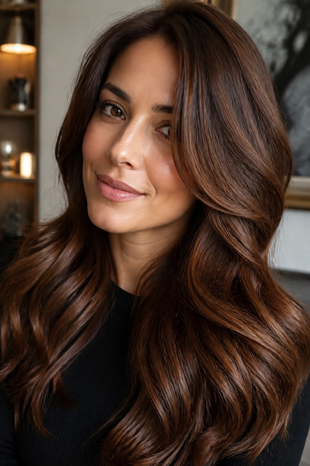 Brunette with chestnut glaze hair and glossy shine in warm indoor light