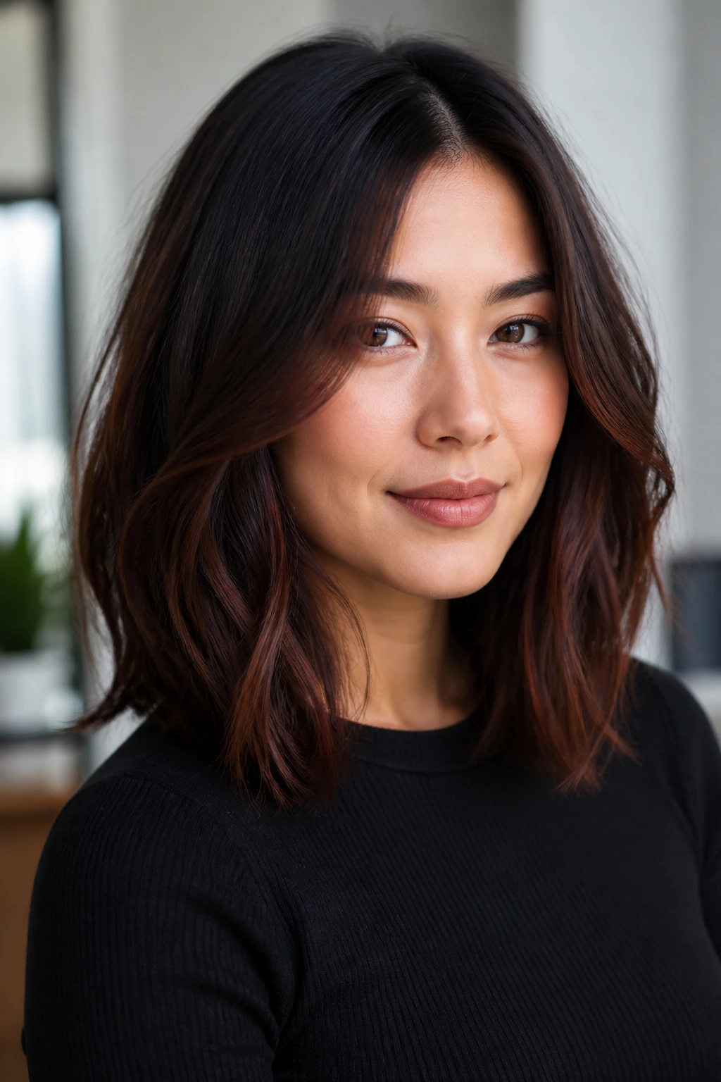 Close-up of a woman with shoulder-length black hair in a warm chestnut glaze.