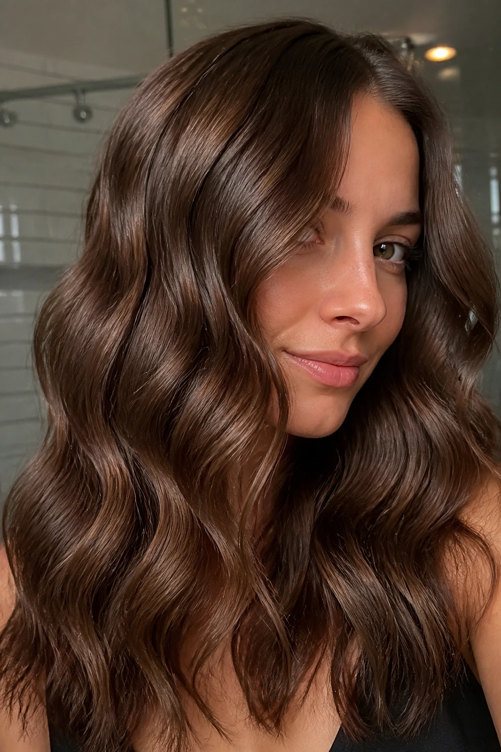 Close-up of warm chestnut glossy wavy hair on a real person