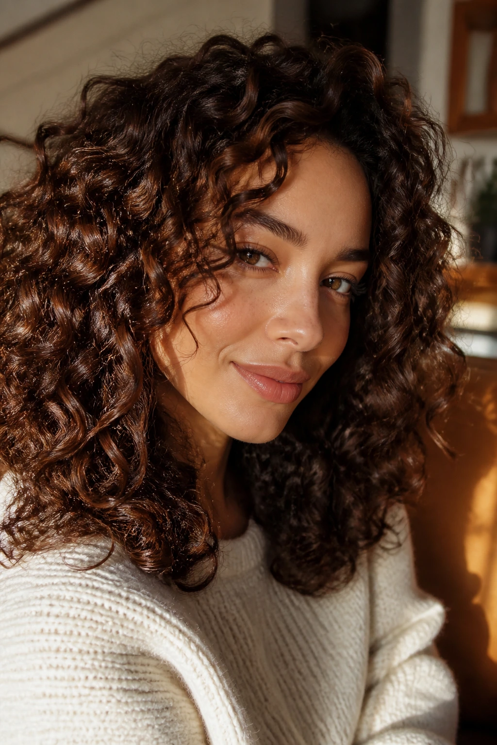 Close-up of a woman with glossy chestnut curls in soft window light