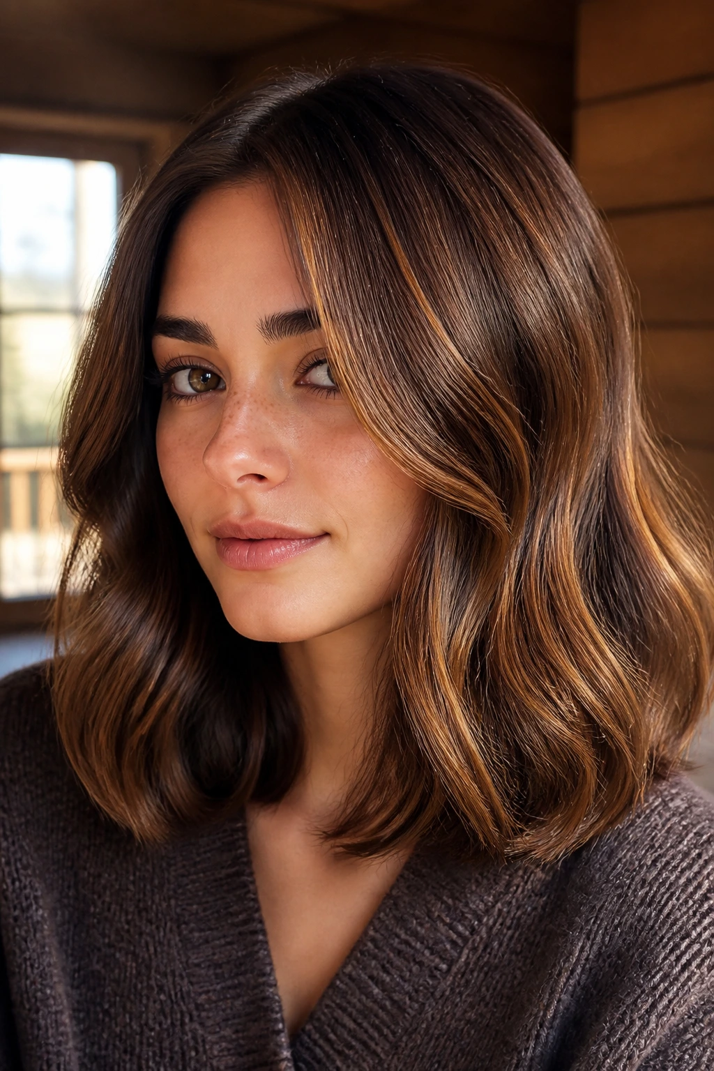 Woman with chestnut base and gold flecks highlighting mid-length hair