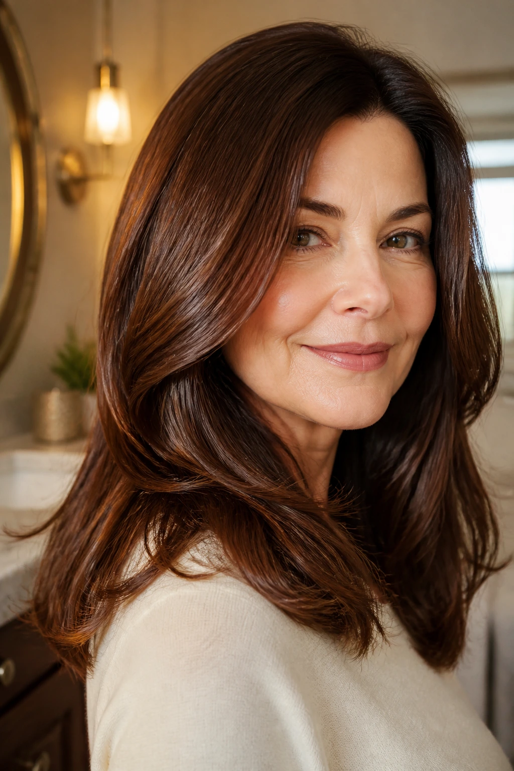 Close-up of a woman with rich chestnut gloss on brunette hair