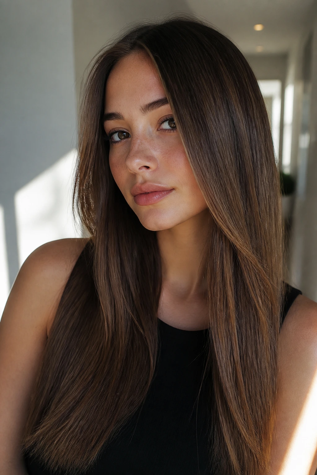 Close-up portrait of a real woman with chestnut glow balayage on straight hair.