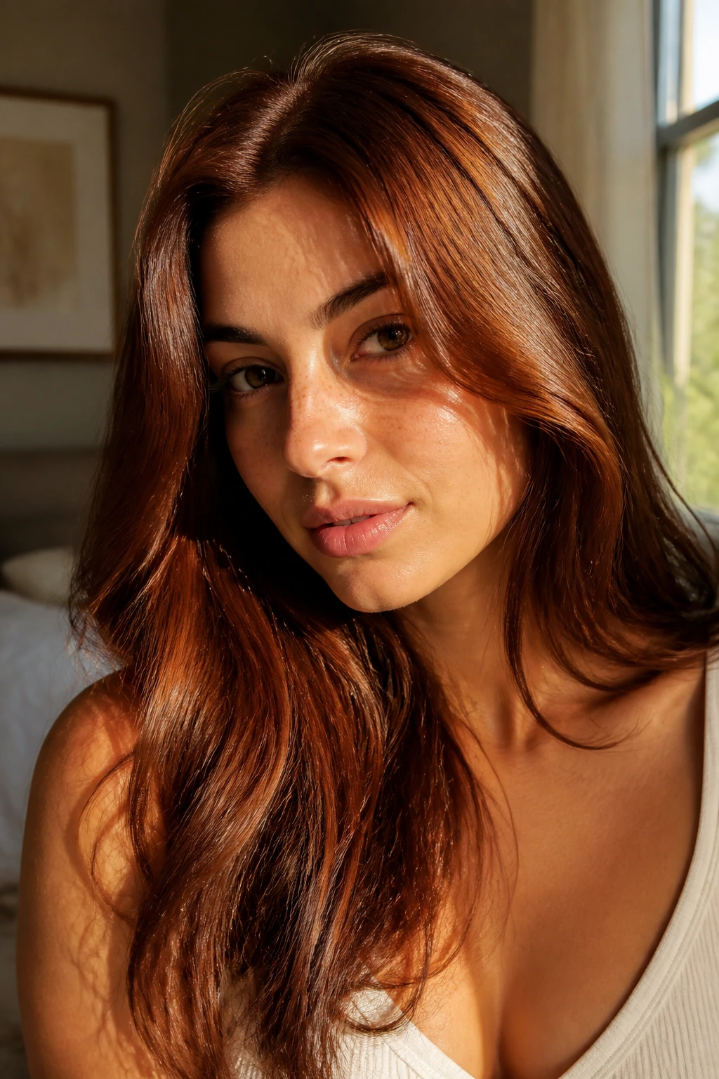 Close-up of a real woman with chestnut glow hair showing warm red-brown reflections in natural window light