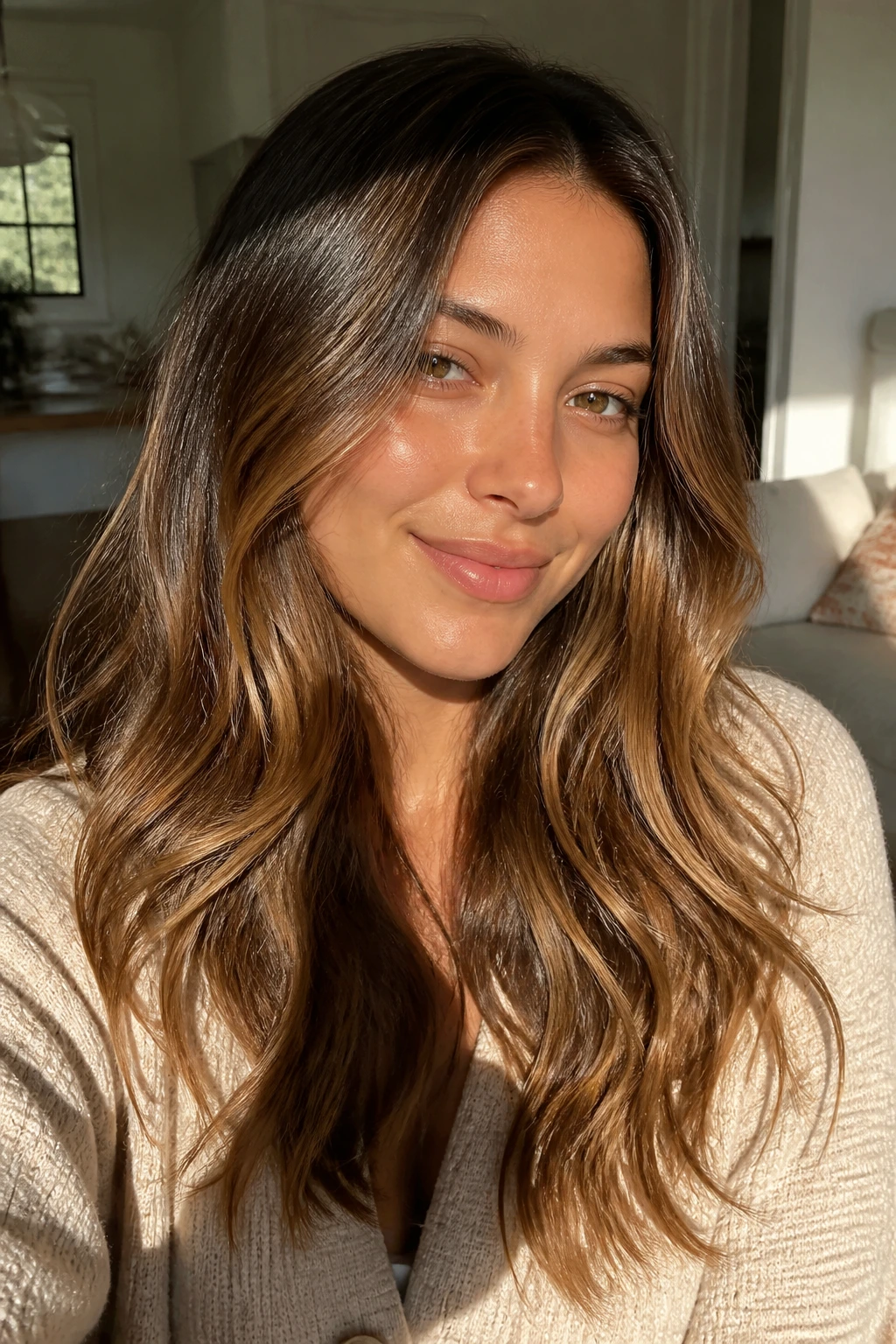 Real-woman portrait showing chestnut base with chestnut-gold highlights