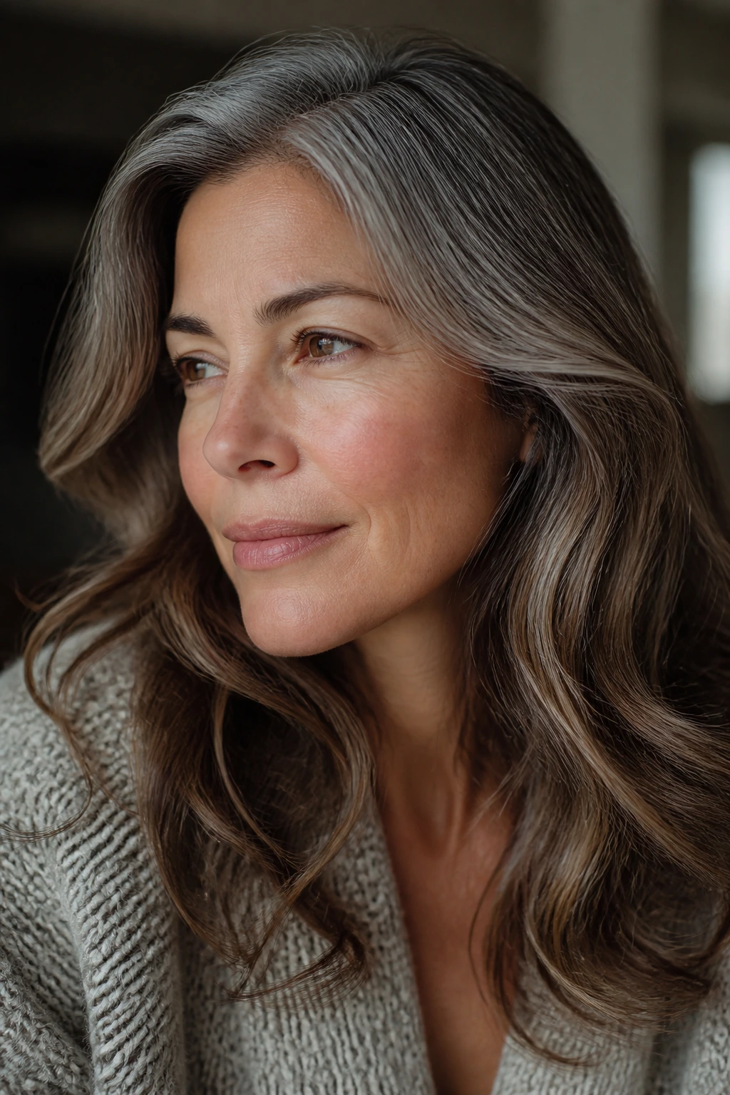 Close-up portrait of a real person with chestnut-gray blend hair and silver strands, lit by natural window light