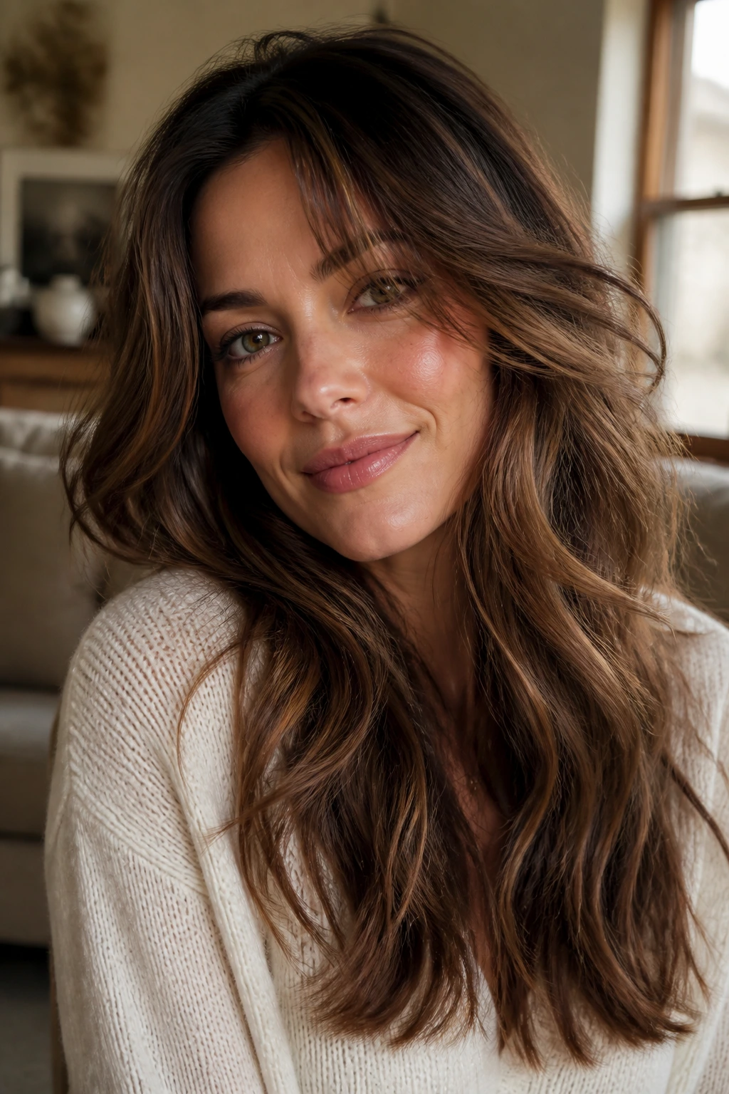 Close-up portrait of a real woman with soft dimensional chestnut hair in warm window light.