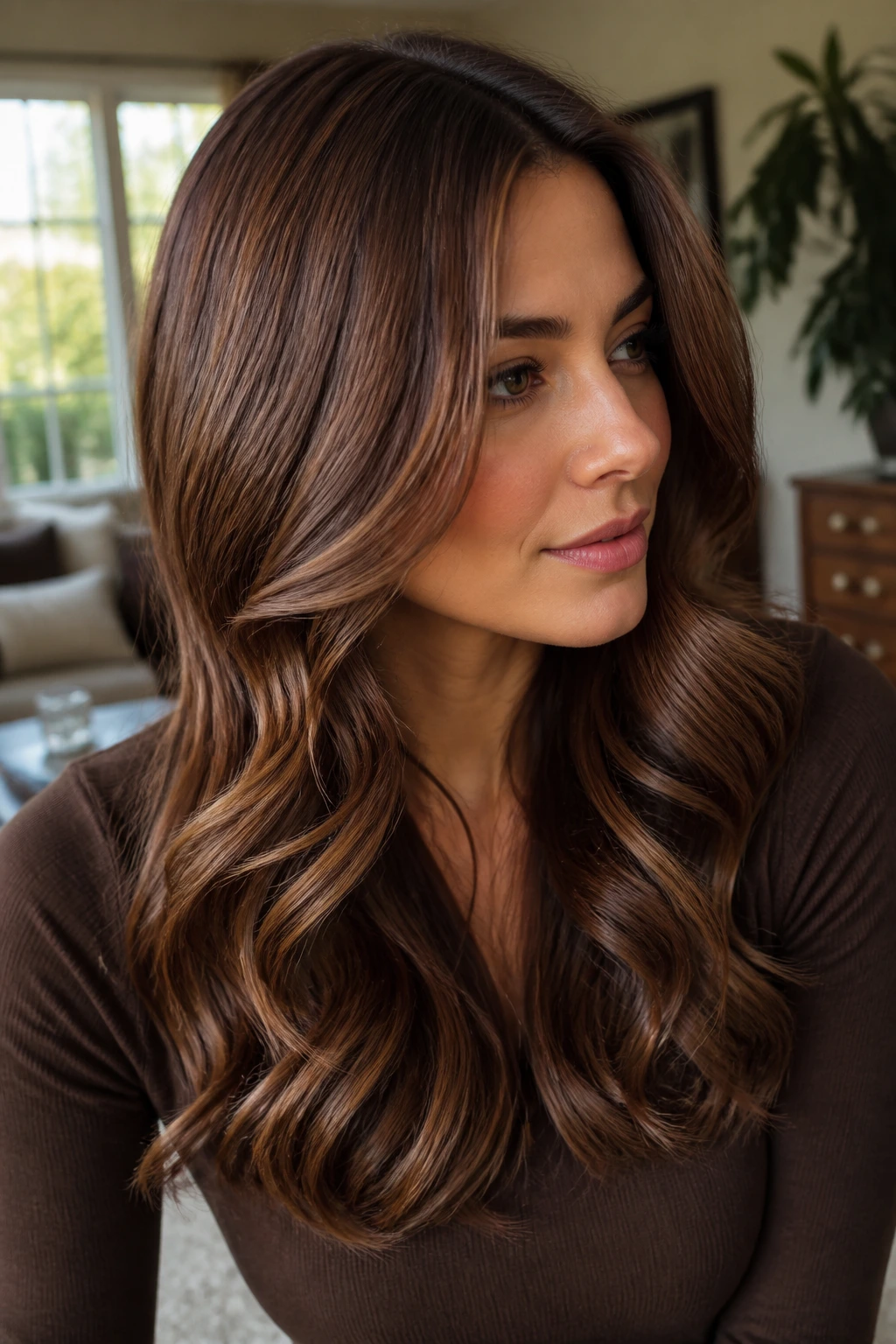 Close-up portrait of a real woman with chestnut hair showing dimensional color and shine by a sunlit window