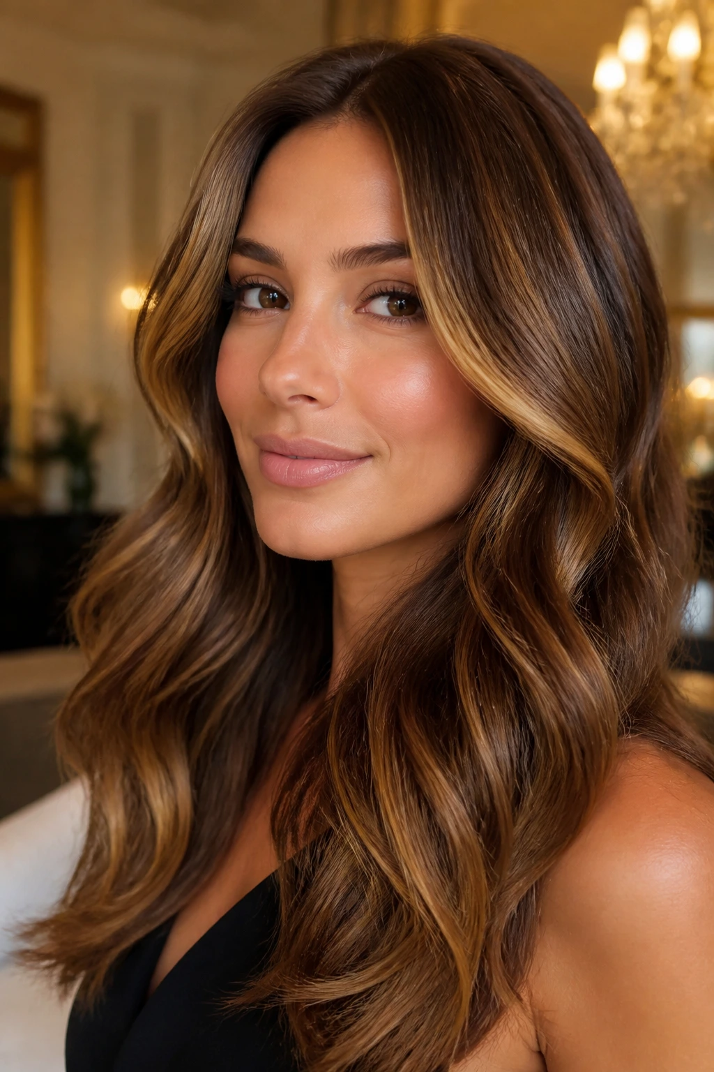 Close-up of a real woman with glossy chestnut hair and soft gold accents