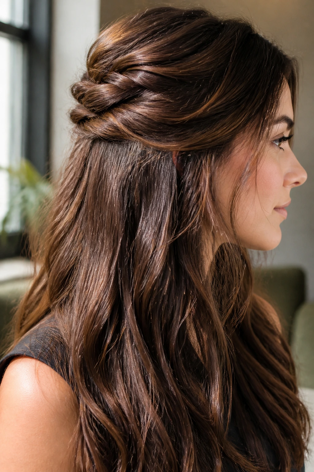 Portrait of a woman with chestnut hair in a half-up twist showing color along the twist.