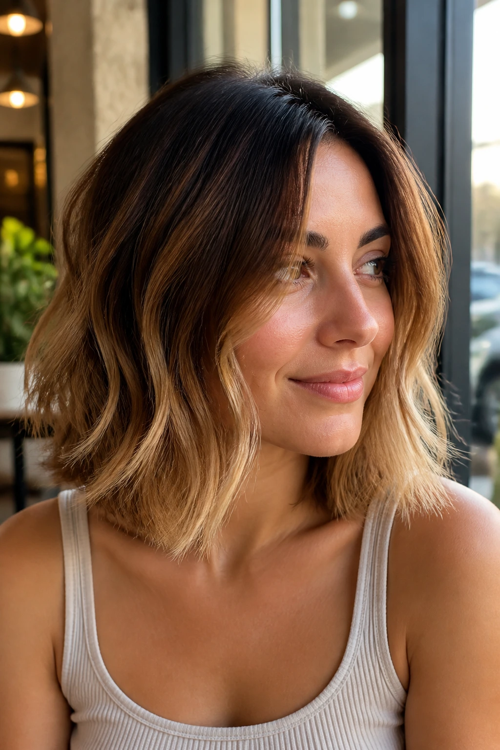 Collarbone-length lob with chestnut to honey beige ombre