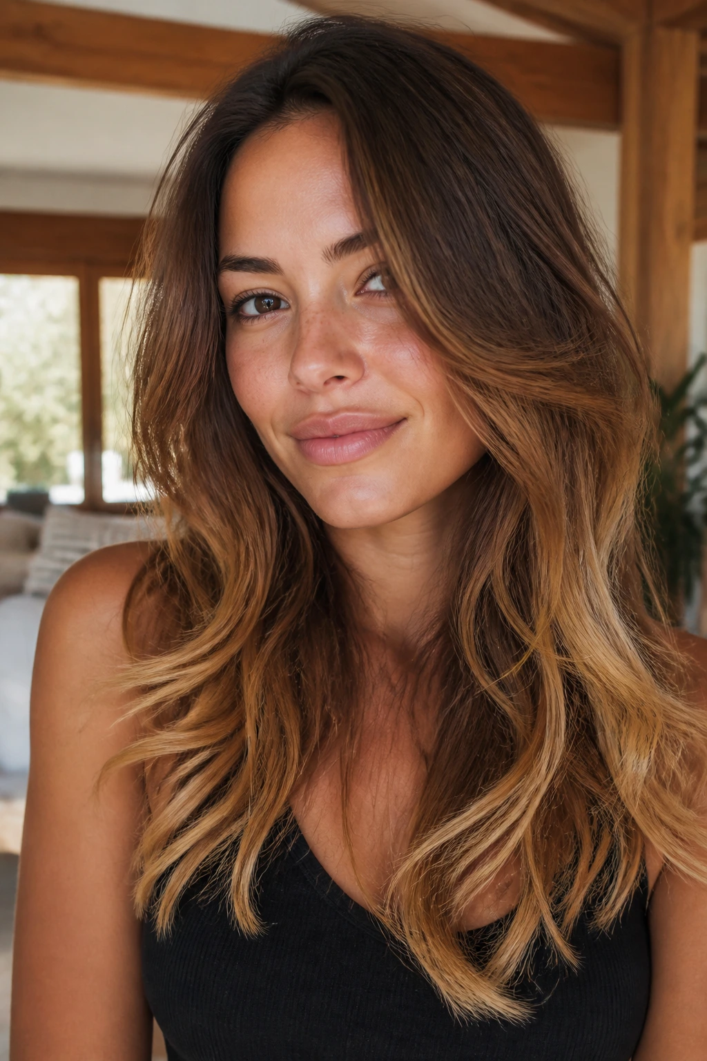 Close-up of a real woman's hair showing chestnut to honey ombre in sunlight