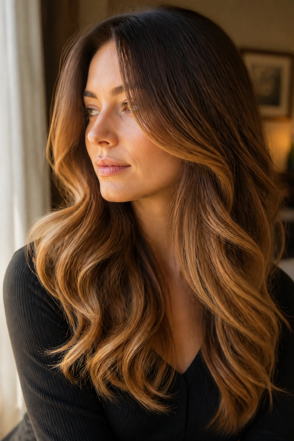 Close-up of chestnut hair with honey sweep ombre